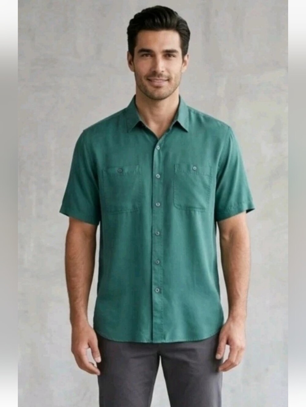 Vintage Expressions Silk Shirt Casual Short Sleeve Button up Green Teal Mens L